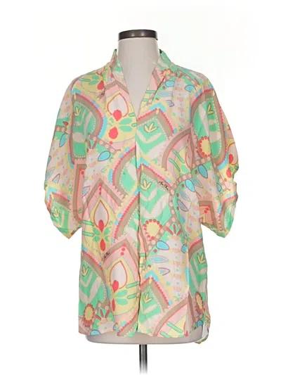 Pre-owned Marie Oliver 3/4 Sleeve Silk Top Green Tropical Pattern Keyhole Neckline Tops