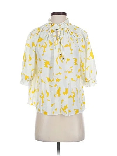 Pre-owned Marie Oliver 3/4 Sleeve Silk Top Yellow Tie Neck Tops