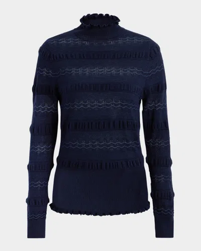 Marie Oliver Adison Ruffle Turtleneck Mixed Knit Top In Black