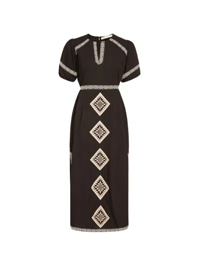 Marie Oliver Embroidered V-neck Midi Dress In Brown