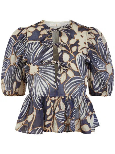 Marie Oliver Estella Floral Print Peplum Top In Moonflower In Black