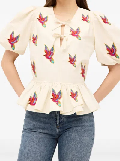 Marie Oliver Estella Embroidered Puff-sleeve Peplum Top In Neutral