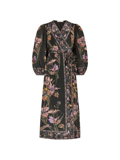 Marie Oliver Everette Floral-print Wrap Midi Dress In Black