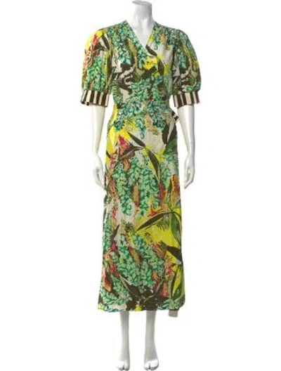 Pre-owned Marie Oliver Floral Print Long Dress In Green