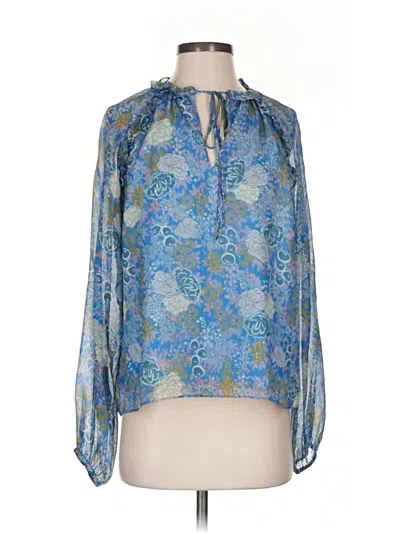 Pre-owned Marie Oliver Long Sleeve Silk Top Blue Keyhole Neckline Tops