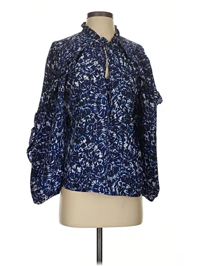 Pre-owned Marie Oliver Long Sleeve Silk Top Blue Keyhole Neckline Tops