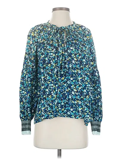 Pre-owned Marie Oliver Long Sleeve Silk Top Blue Tie Neck Tops