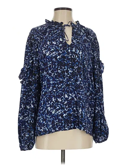 Pre-owned Marie Oliver Long Sleeve Silk Top Blue Tie Neck Tops