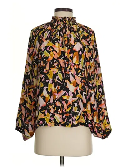 Pre-owned Marie Oliver Long Sleeve Silk Top Gold Print Pattern Tie Neck Tops
