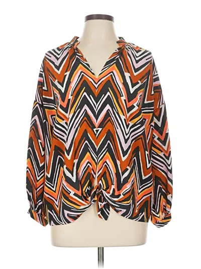 Pre-owned Marie Oliver Long Sleeve Silk Top Orange Chevron/herringbone Pattern Plunge Neckline Tops