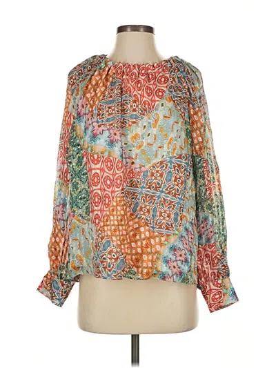 Pre-owned Marie Oliver Long Sleeve Silk Top Orange Square Neckline Tops