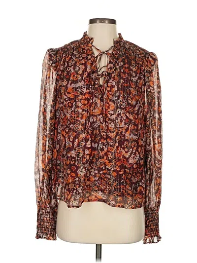 Pre-owned Marie Oliver Long Sleeve Silk Top Orange Tie Neck Tops