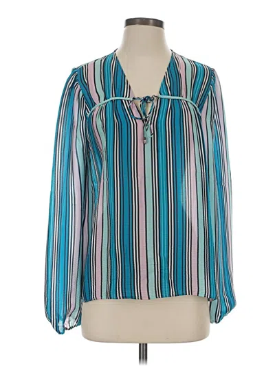 Pre-owned Marie Oliver Long Sleeve Silk Top Teal Tie Neck Tops