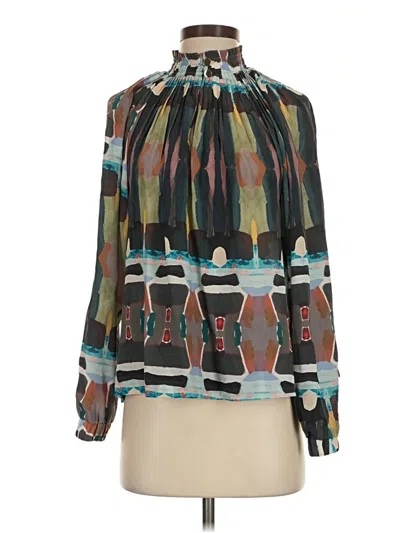 Pre-owned Marie Oliver Long Sleeve Silk Top Teal Tie Neck Tops