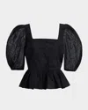 Marie Oliver Orla Embroidered Puff-sleeve Peplum Top In Green