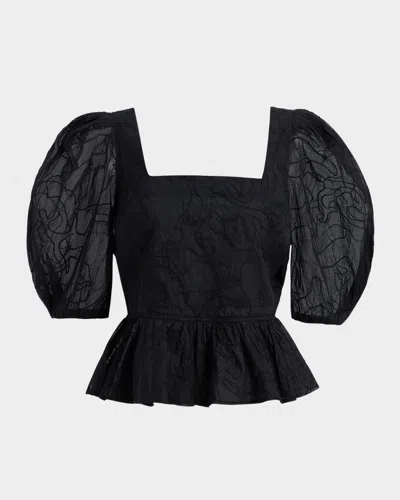 MARIE OLIVER ORLA EMBROIDERED PUFF-SLEEVE PEPLUM TOP