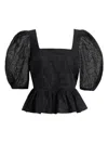 Marie Oliver Orla Embroidered Puff-sleeve Peplum Top In Black