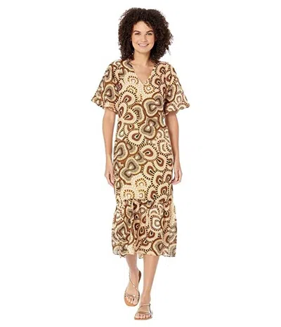 Marie Oliver Reba Dress Women's Brown Tiered Ruffle Hem V-neck Jdm880