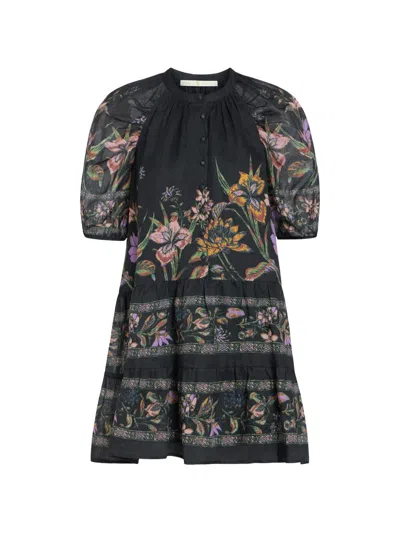 Marie Oliver Sylvie Floral-print Ramie Mini Dress In Black