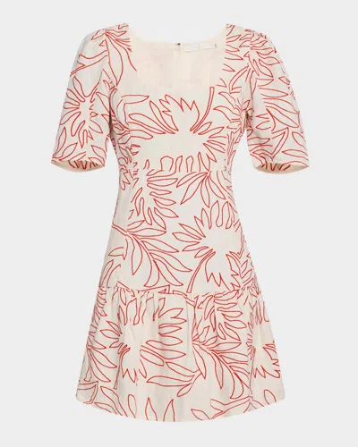 MARIE OLIVER TEMMA EMBROIDERED SQUARE-NECK LINEN MINI DRESS