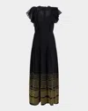 Marie Oliver Winfrey Flutter-sleeve Pintuck Maxi Dress In Black