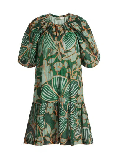 Marie Oliver Greta Embroidered Botanical-print Mini Dress In Green