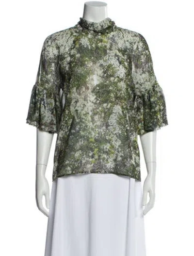 Pre-owned Marie Saint Pierre Patterned Mock Neck Blouse In Green