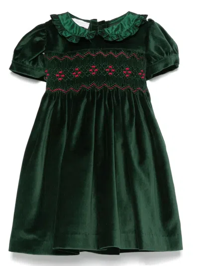 Mariella Ferrari Babies' Smocked-yoke Velvet Dress In Green