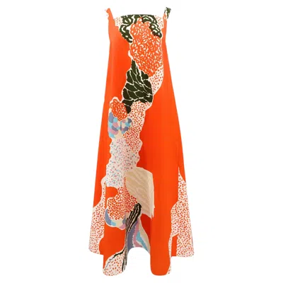 Pre-owned Marimekko 1978 Women's Orange Abstract Print Cotton Maxi Dress Size 36