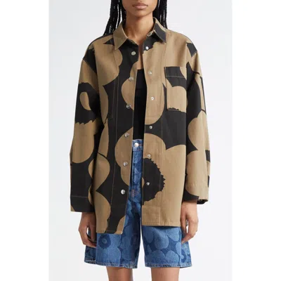 Marimekko Abstraktio Unikko Floral Oversize Cotton Snap-up Shirt In Black, Light Brown