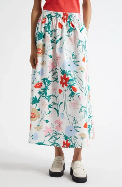 Marimekko Buklee Perenna Stretch Cotton Poplin Maxi Skirt In White, Green, Red, Brown