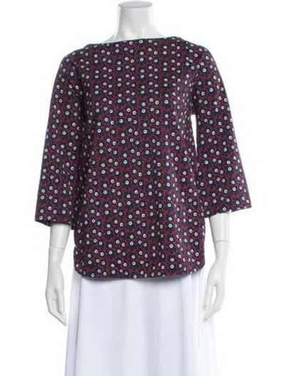 Pre-owned Marimekko Floral Print Bateau Neckline Blouse In Blue