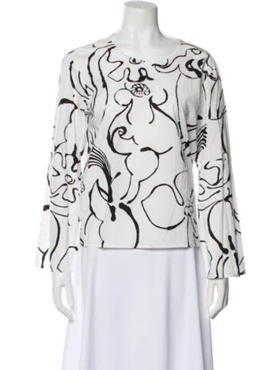 Pre-owned Marimekko Floral Print Crew Neck Blouse In White