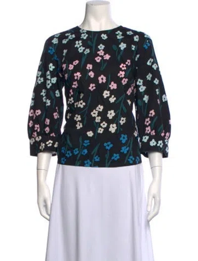 Pre-owned Marimekko Floral Print Crew Neck Top In Black