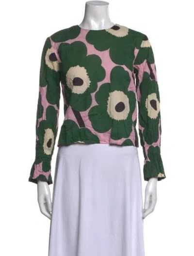 Pre-owned Marimekko Floral Print Crew Neck Top In Green