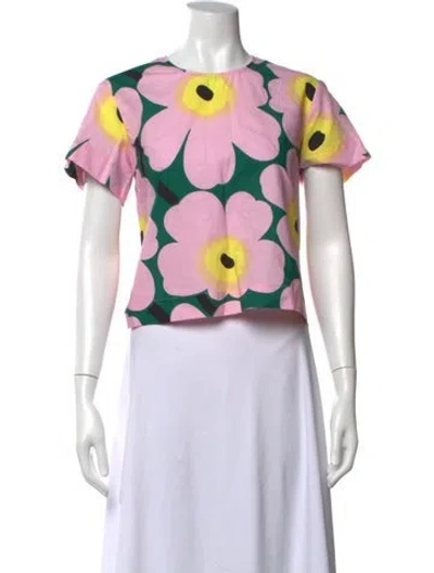 Pre-owned Marimekko Floral Print Crew Neck Top In Green