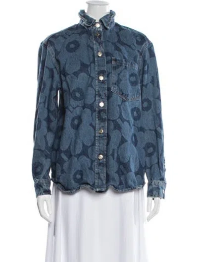 Pre-owned Marimekko Floral Print Denim Jacket In Blue