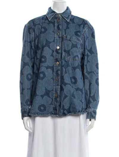 Pre-owned Marimekko Floral Print Denim Jacket In Blue