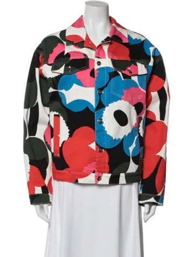 Pre-owned Marimekko Floral Print Denim Jacket In Red