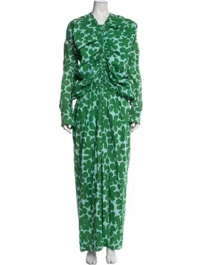 Pre-owned Marimekko Floral Print Long Dress In Green