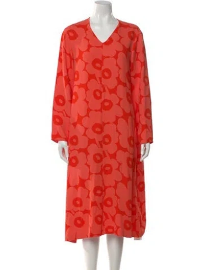 Pre-owned Marimekko Floral Print Long Dress In Orange