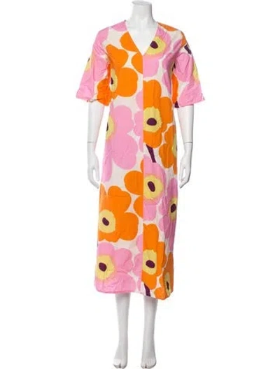 Pre-owned Marimekko Floral Print Long Dress In Orange