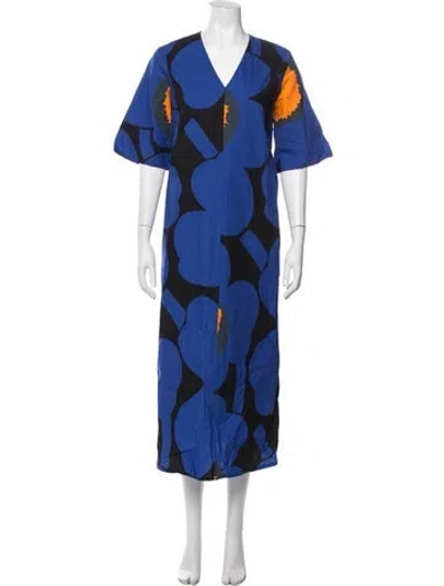 Pre-owned Marimekko Floral Print Long Dress W/ Tags In Blue