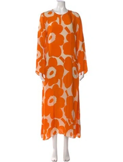 Pre-owned Marimekko Floral Print Long Dress W/ Tags In Orange