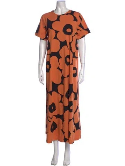 Pre-owned Marimekko Floral Print Long Dress W/ Tags In Orange