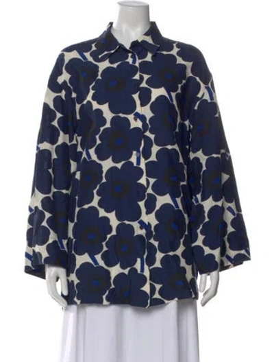 Pre-owned Marimekko Floral Print Long Sleeve Button-up Top In Blue