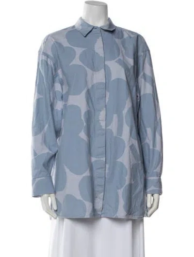 Pre-owned Marimekko Floral Print Long Sleeve Button-up Top In Blue