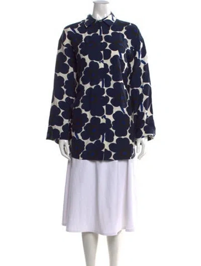 Pre-owned Marimekko Floral Print Long Sleeve Button-up Top In Blue