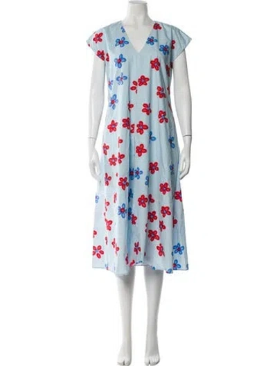 Pre-owned Marimekko Floral Print Midi Length Dress In Blue