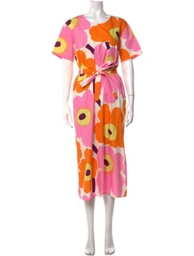 Pre-owned Marimekko Floral Print Midi Length Dress W/ Tags In Orange/pink